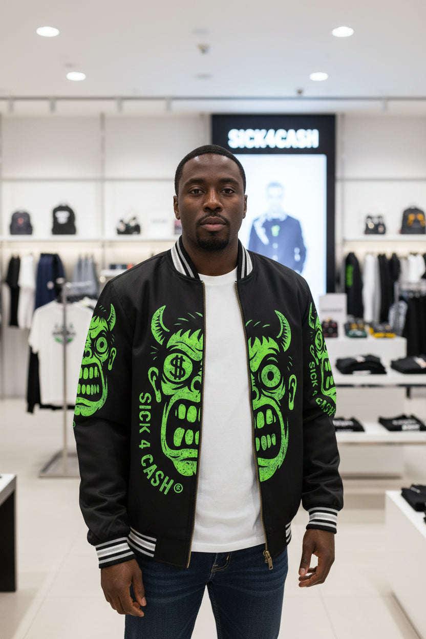 S4C CASH FACE™ Unisex Striped Trim Bomber Jacket – Halloween Edition