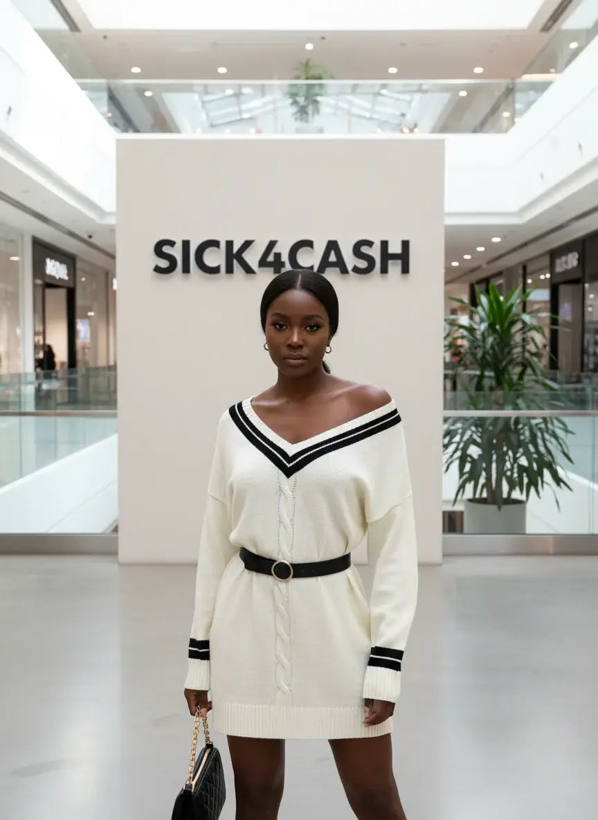 Cable Knit Sweater Dress - V-Neck Striped Trim - Women's Premium Knitwear