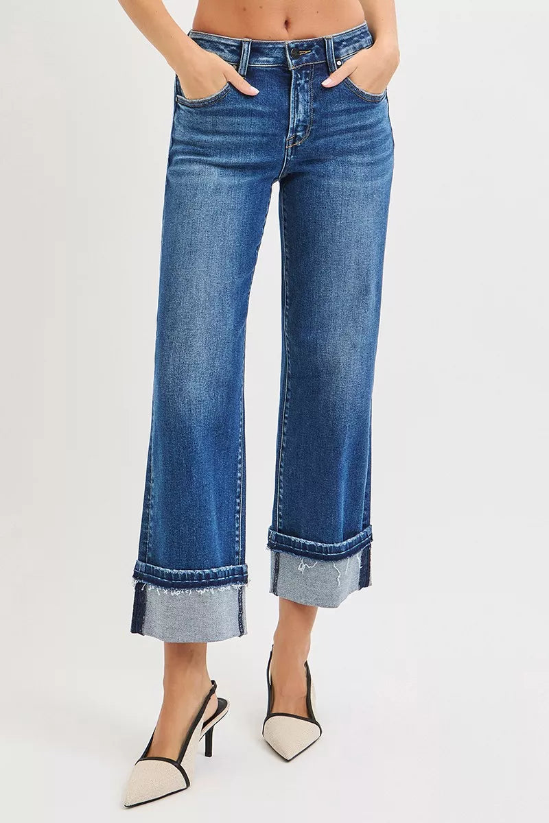 Women's RISEN Mid Rise Ankle Straight Jeans with Cuffed Hem