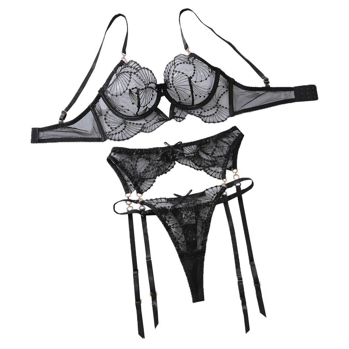 Embroidered Lace Lingerie Set – 3-Piece Sheer Bra, Panty & Garter Belt