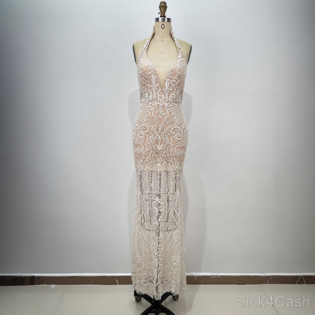 Sleeveless Sequin Fitted Long Party Dress