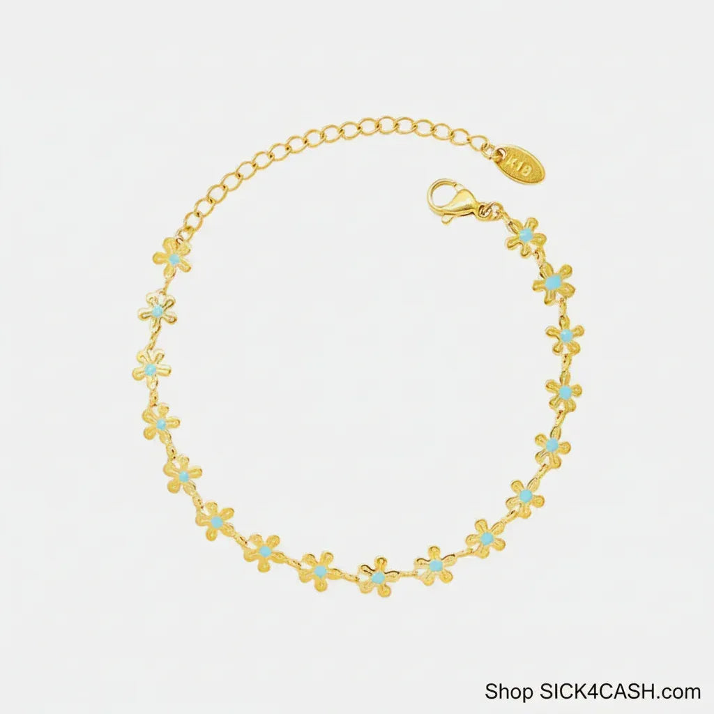Golden Flower & Blue Drip Oil Bracelet – Elegant Charm Jewelry for Women