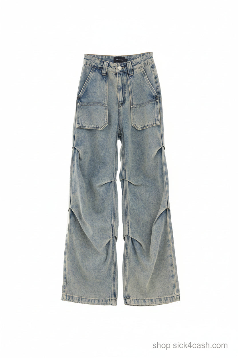 Men's Retro Pleated Washed Denim Jeans – Vintage Streetwear Revival