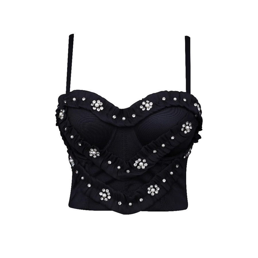 Women Rinestones and Diamond Lace Trim Bra