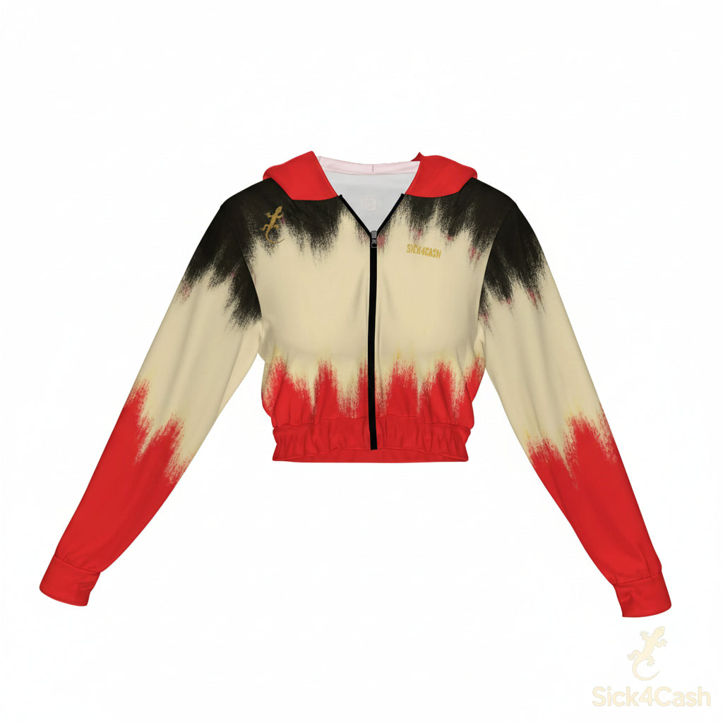 SICK4CASH — Premium Cotton Color Women's Chiffon Cropped Jacket zipper coat in vibrant red and black design.