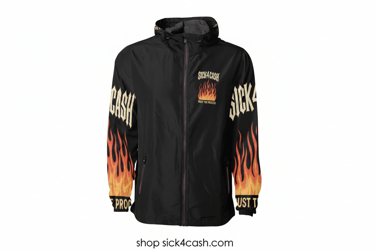 Black jacket with flames and branding on a white background