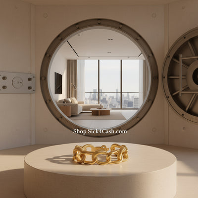 Gold chain bracelet on a wrist against a neutral background