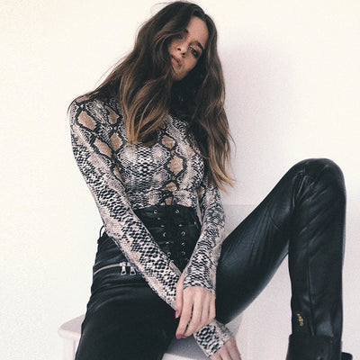 Sexy snake print long sleeved high neck jumpsuit for women