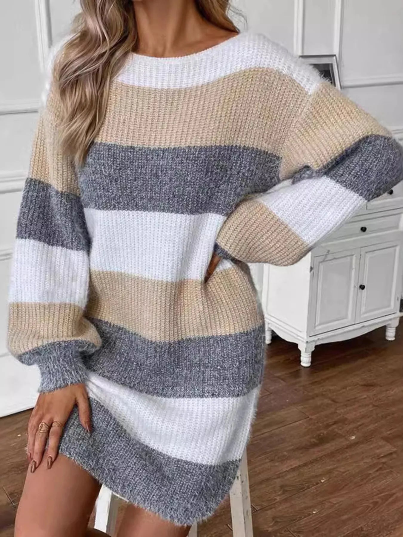 Women Color Block Long Sleeve Sweater Dress – Cozy Meets Statement Style