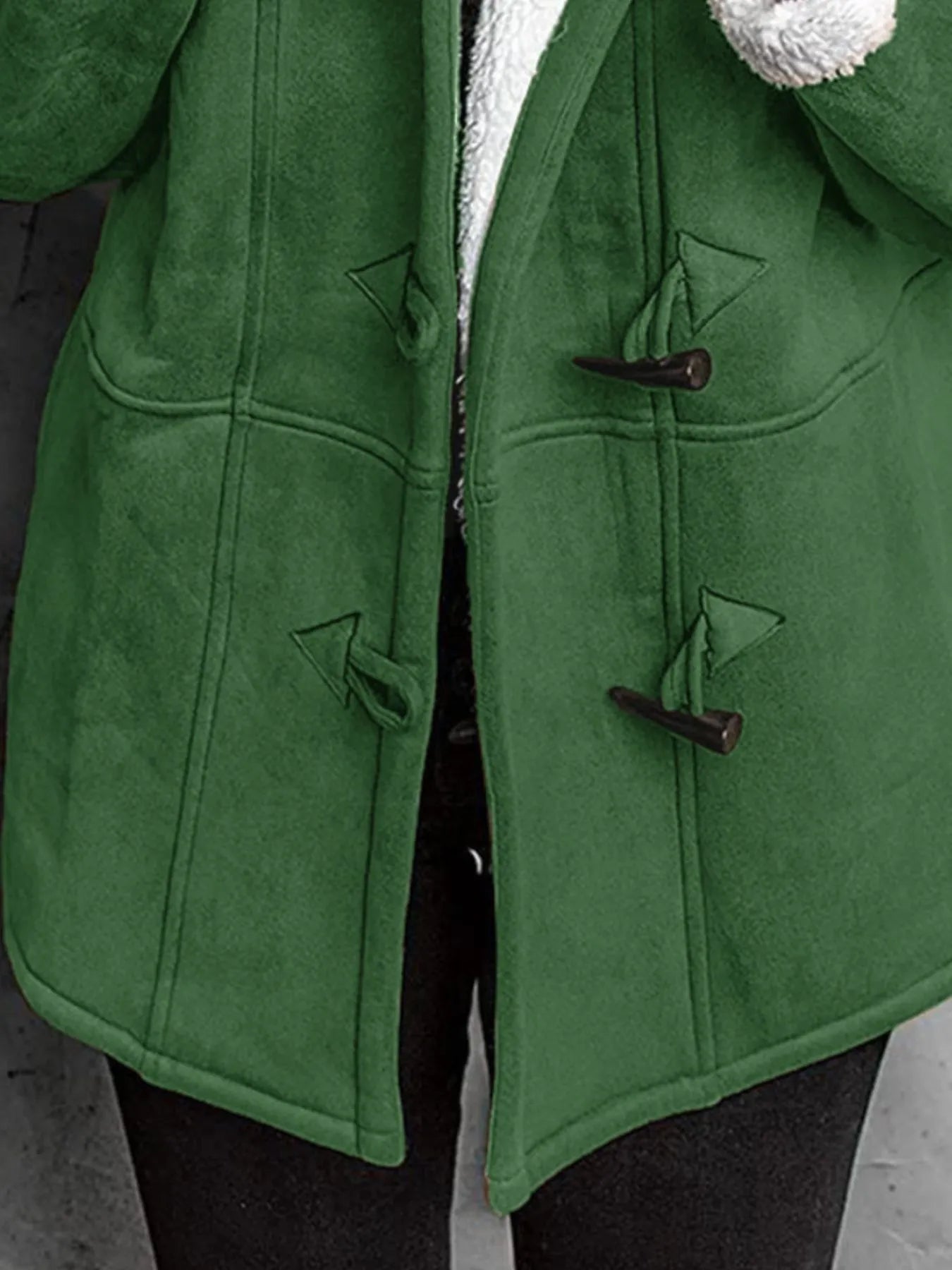 "Green sherpa coat with toggle closure - full length"