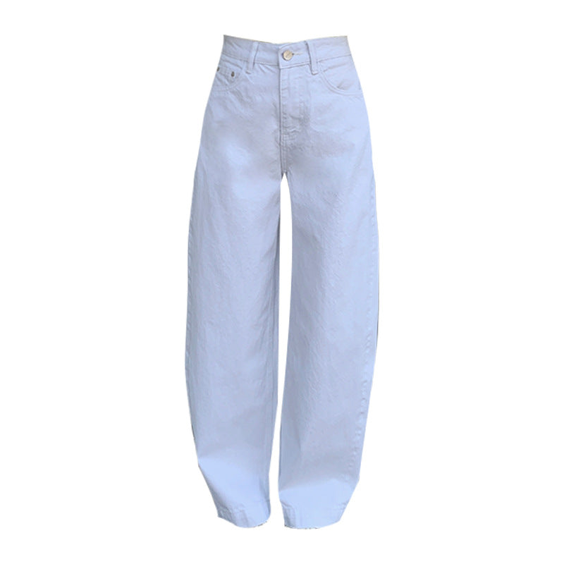White Cotton Denim Pants – High-Waist Loose Wide-Leg Flare Trousers for Women
