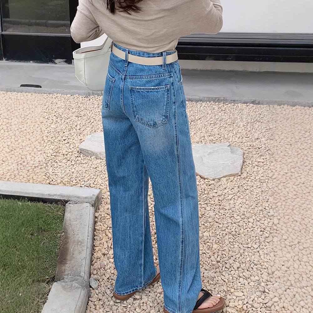 Korean Style Straight-Leg Jeans – High Waist Slimming Wide-Leg Denim for Pear-Shaped Women