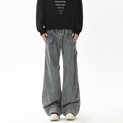 Retro pleated washed denim jeans for men