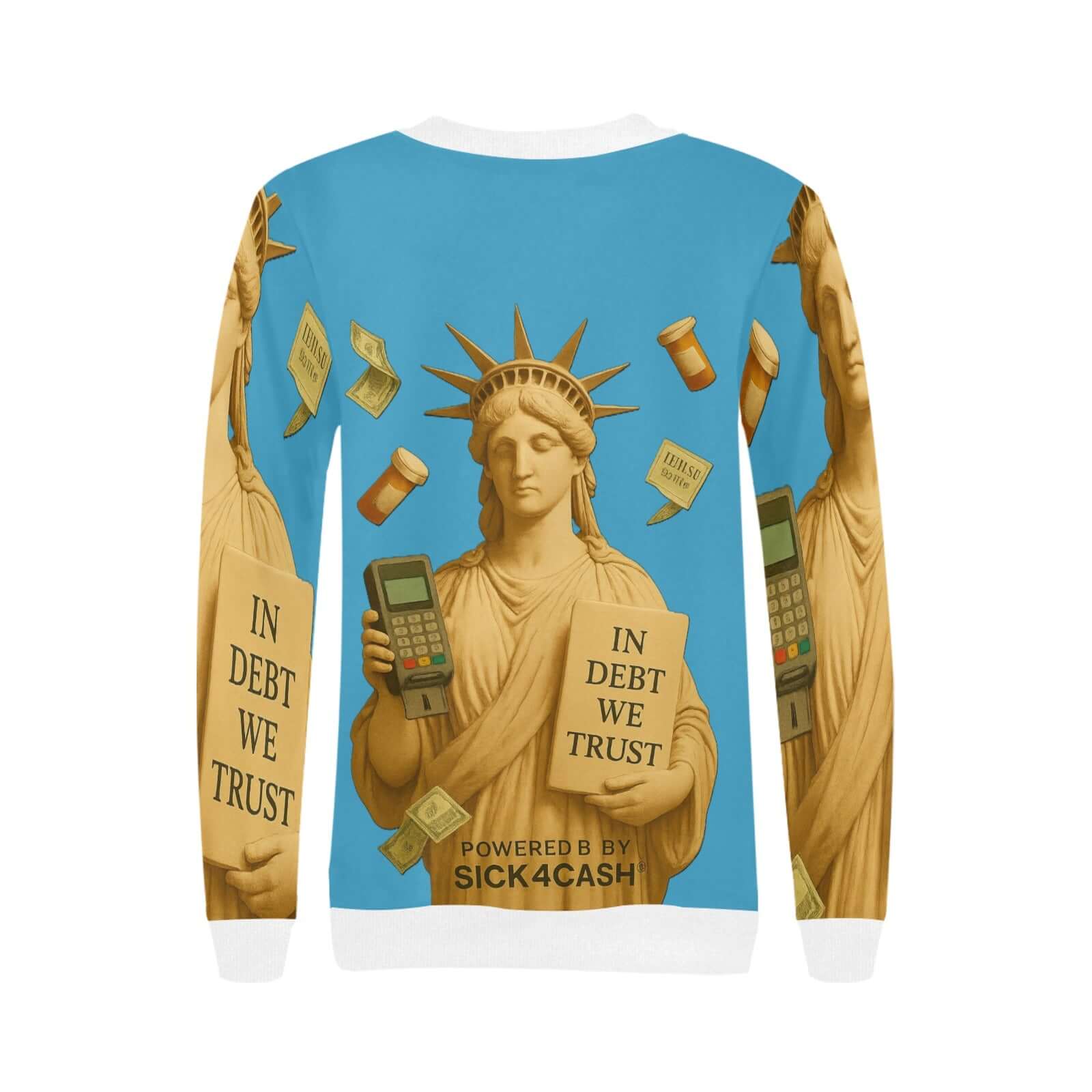 Sweatshirt with Statue of Liberty graphic and text on a blue background