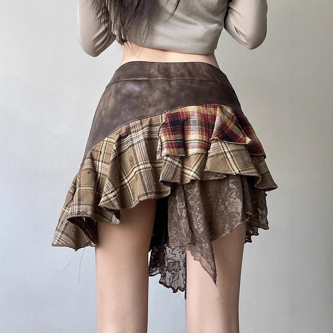 Wandering Girl Plaid-Spliced Lace Skirt