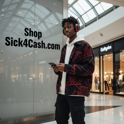 Person wearing headphones and a patterned jacket in a shopping mall with 'Shop Sick4Cash.com' text.