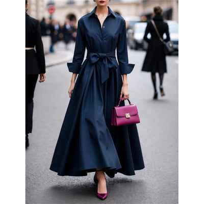 Solid Color Lace-Up Polo Collar Dress Jacket – Long Skirt Coat with Street-Chic Elegance