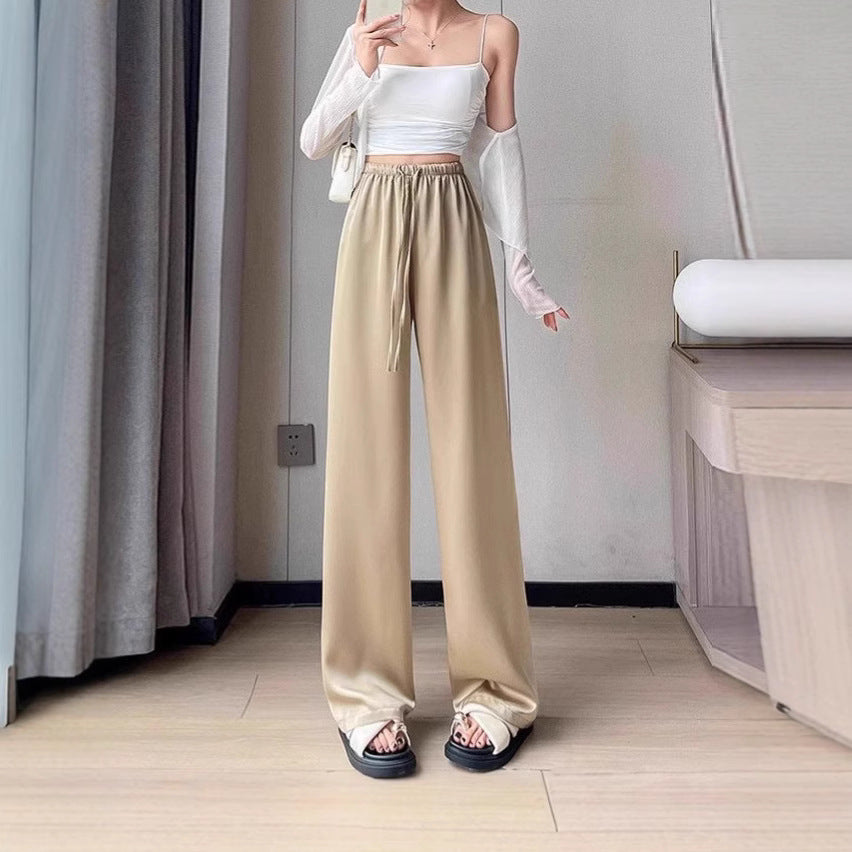 S4C Women's Pants FALL Thin High Waist Leisure Sunscreen Ice Silk Satin Wide Leg Straight Trousers