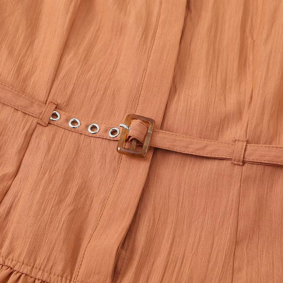 Commuting style belt waist cinching big swing shirt dress