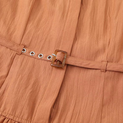 Commuting style belt waist cinching big swing shirt dress