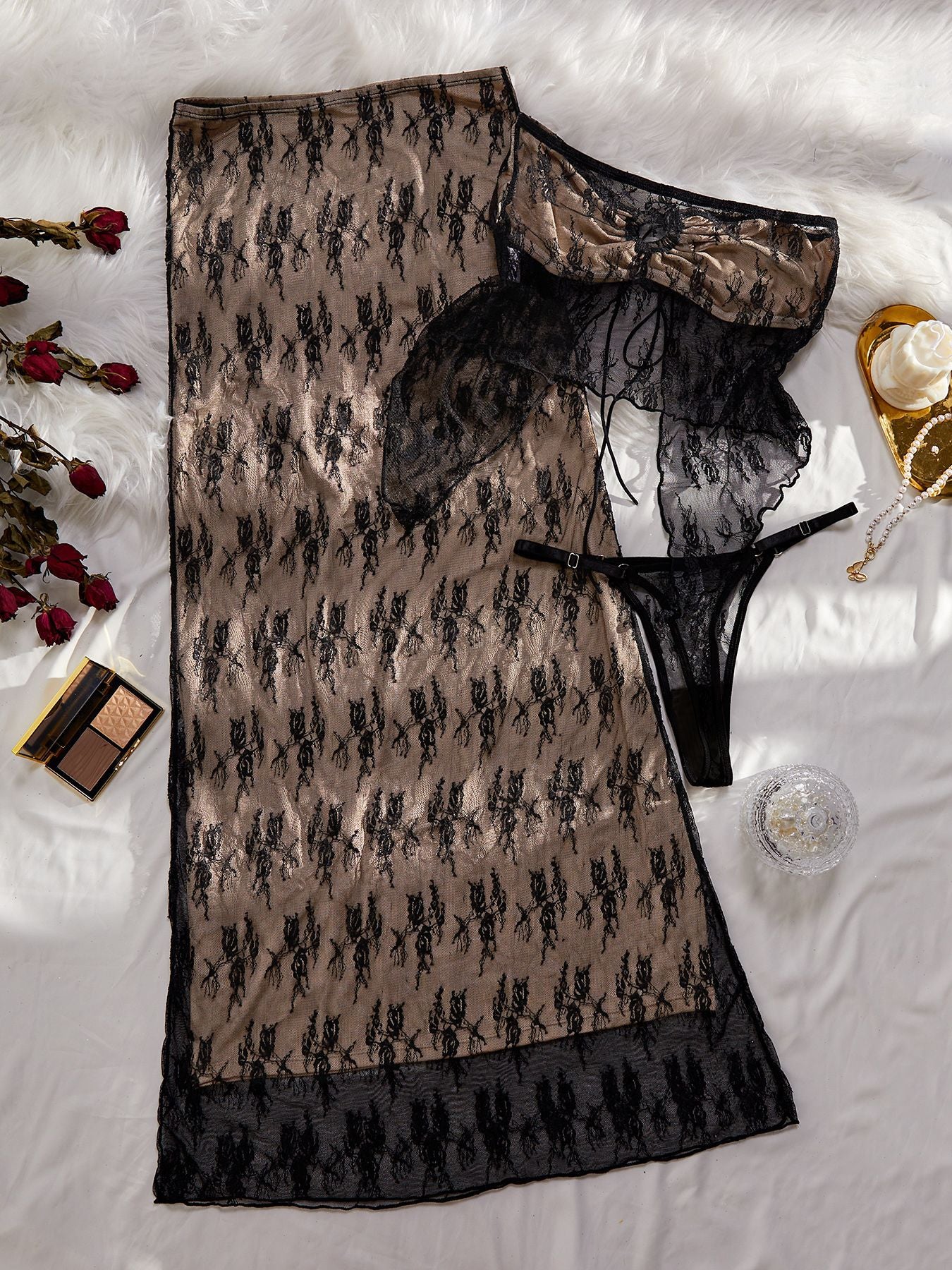 S4C Lace Embroidery 3-Piece Set – Strapless Tie Top & Floor-Length Skirt for Women