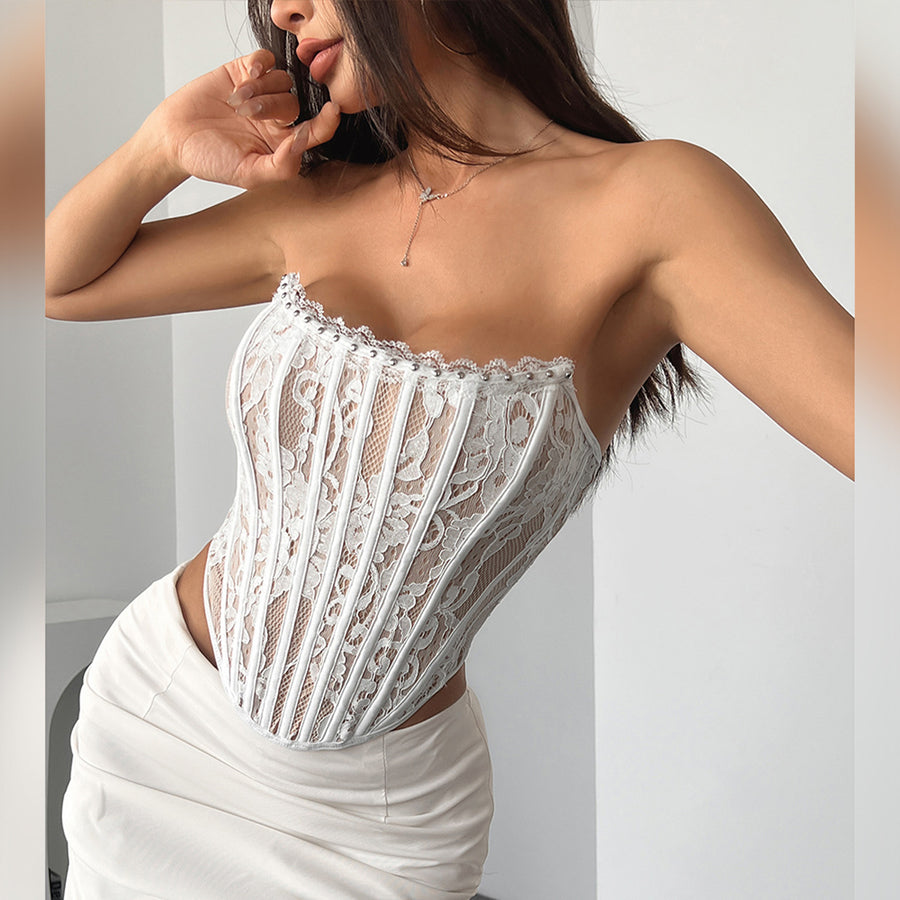 Elegant Pure Temptation Floral Lace Fitted Boned Backless High-End Sexy Wrap Top