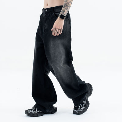 Black and Grey Straight Loose Casual  Denim Pants for Men and Women