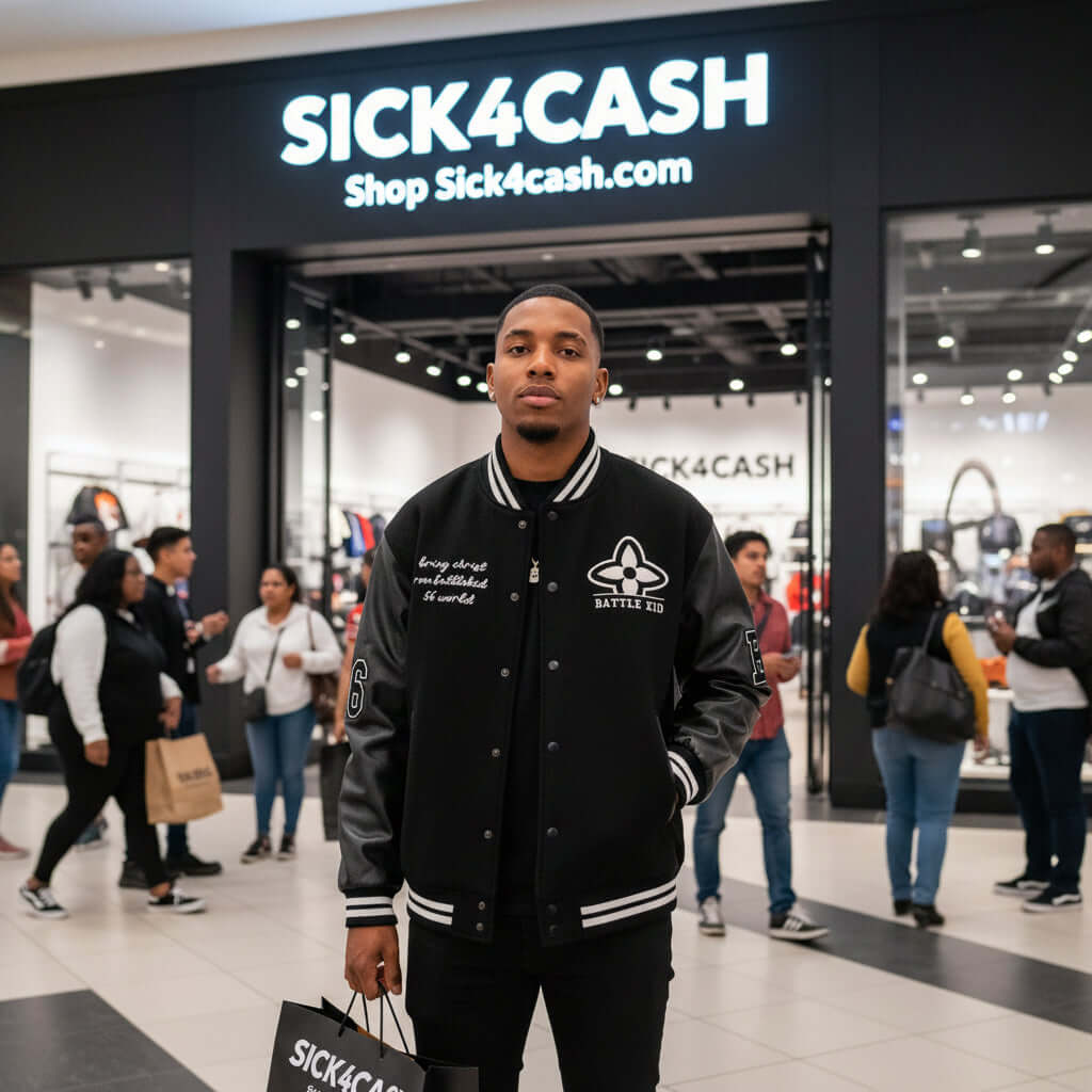 SICK4CASH Embroidered patchwork jacket baseball jacket in a retail setting with people around.