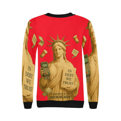 Sweater with a graphic design featuring the Statue of Liberty and money symbols on a red background.