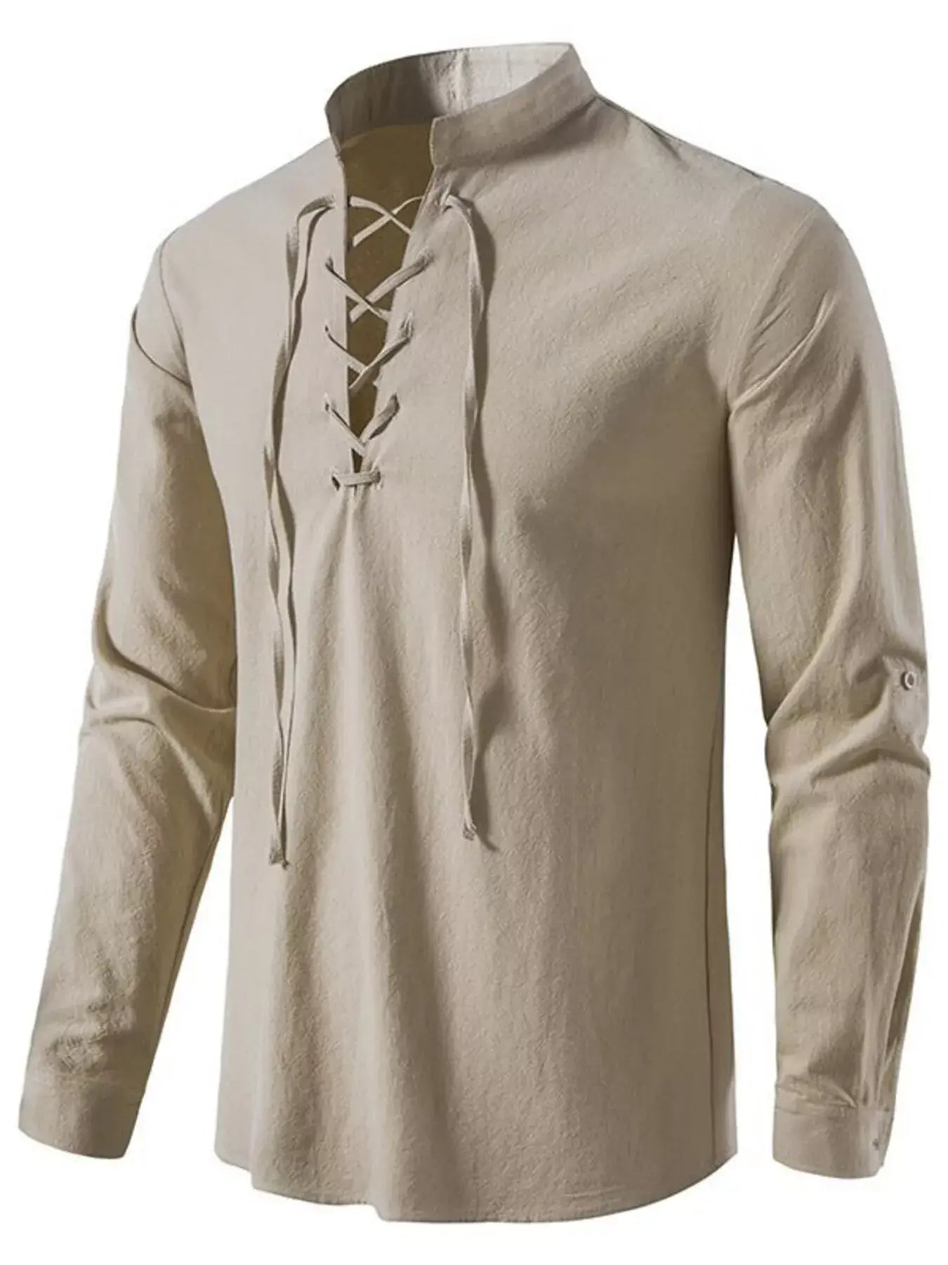 Beige long-sleeve shirt with lace-up front on a white background