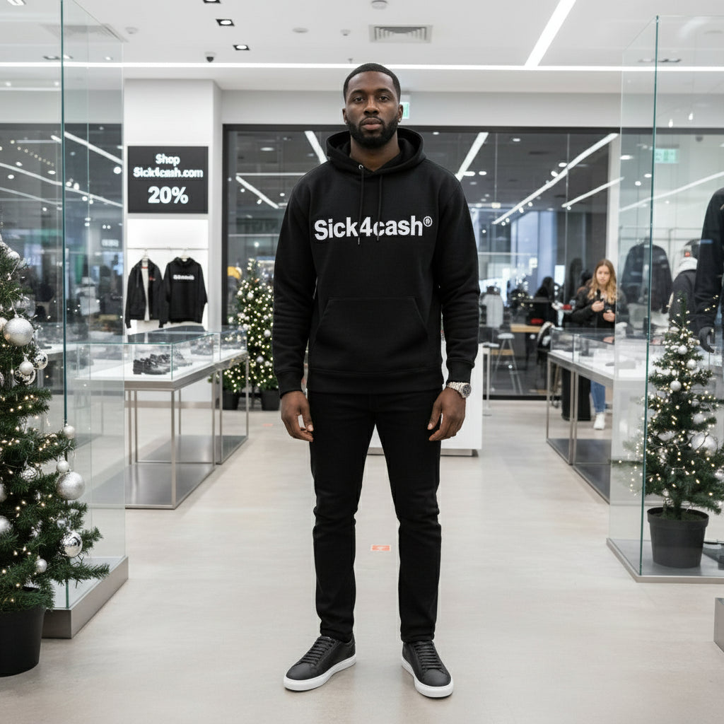 Black sneakers with white soles held by a hand against a neutral background