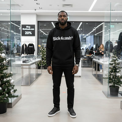 Black sneakers with white soles held by a hand against a neutral background