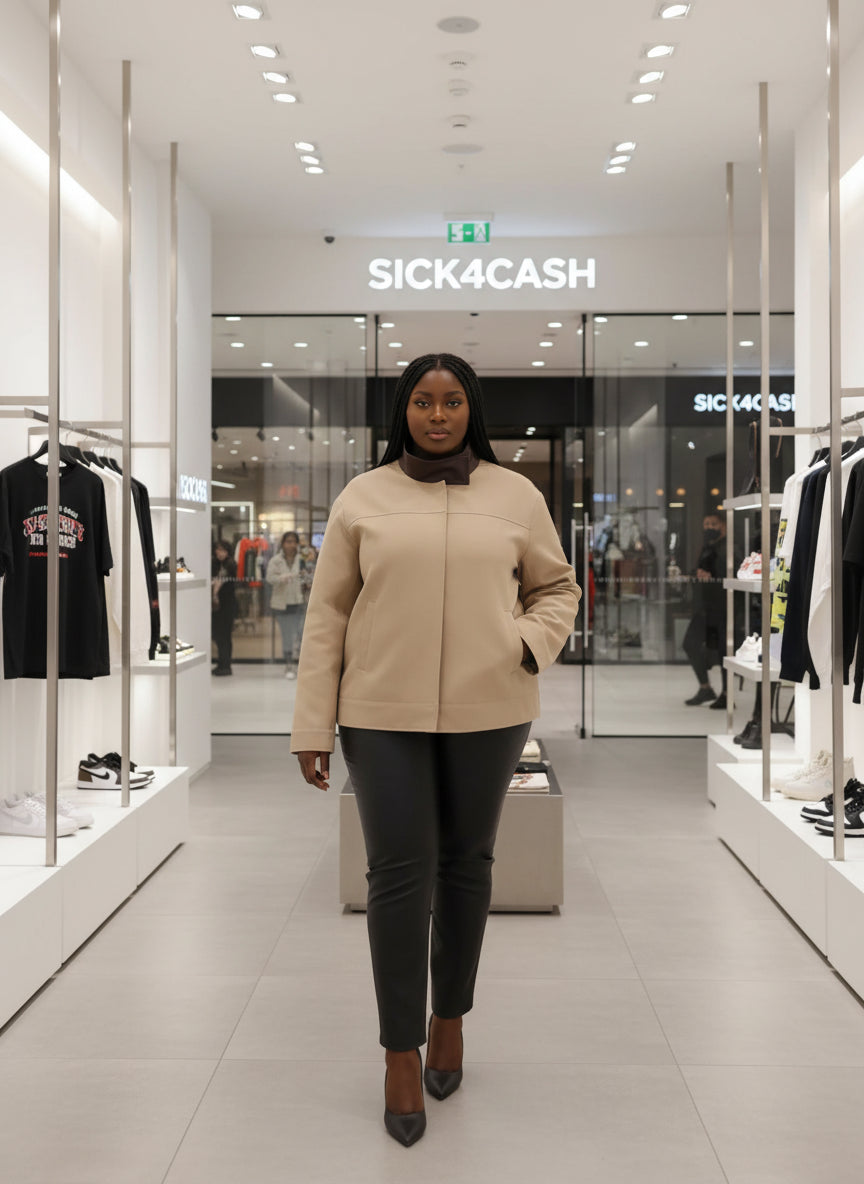 Beige jacket with a brown collar on a white background