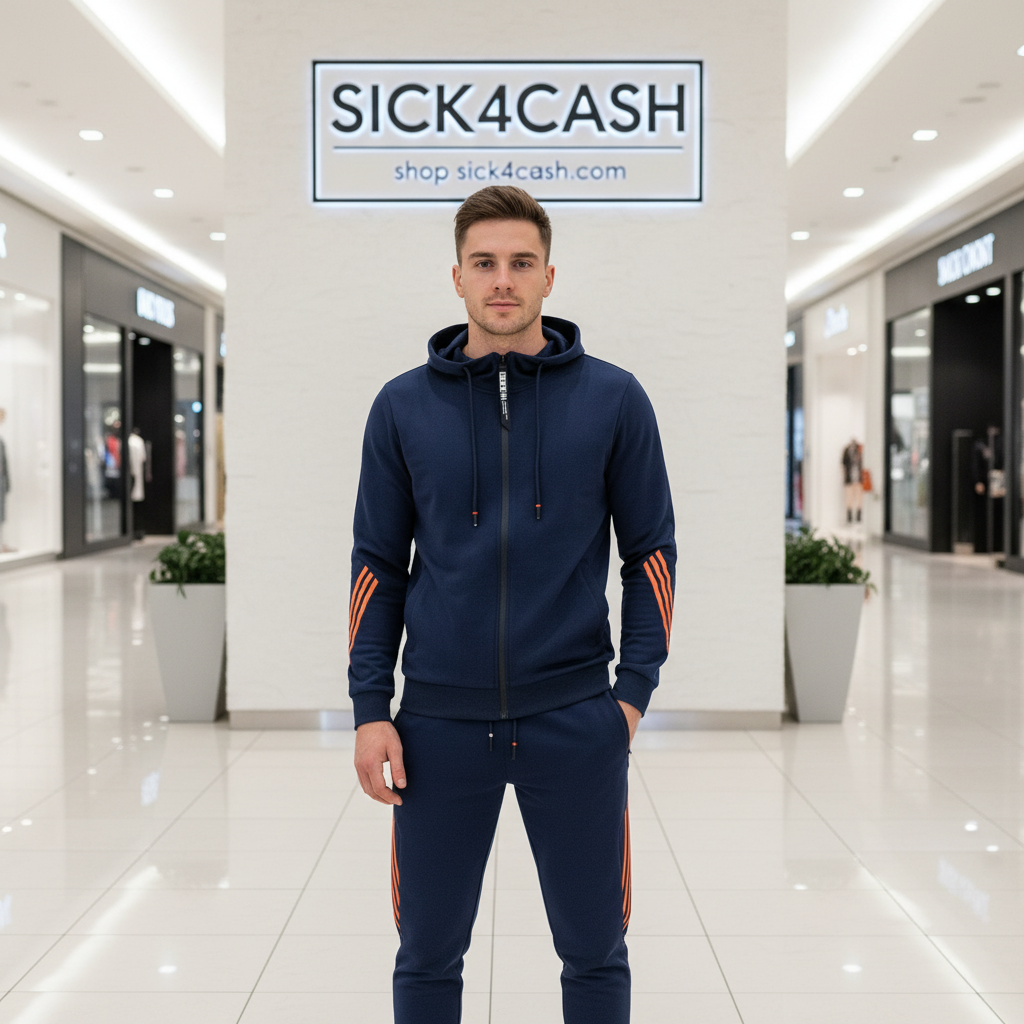 Man wearing a navy tracksuit with orange stripes in a mall setting, with 'SICK4CASH' branding.