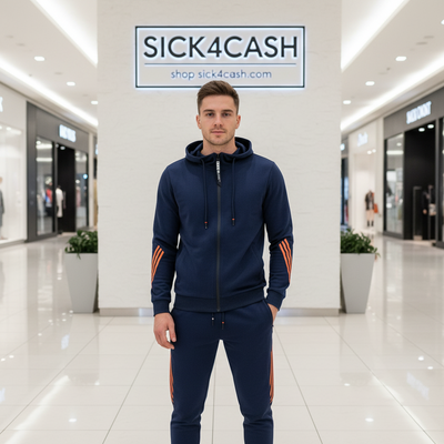 Man wearing a navy tracksuit with orange stripes in a mall setting, with 'SICK4CASH' branding.