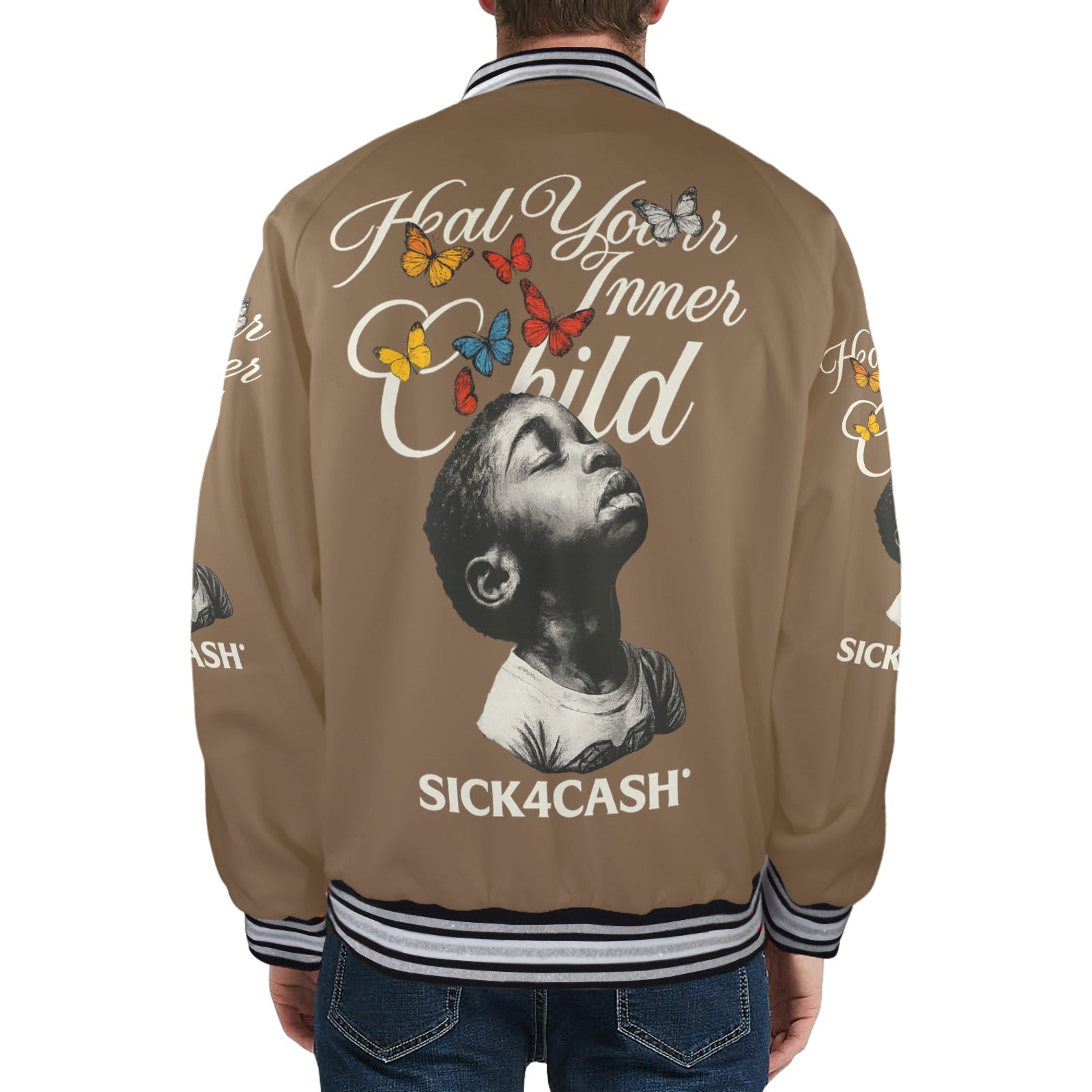 Brown jacket with white letters