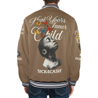 Brown jacket with white letters