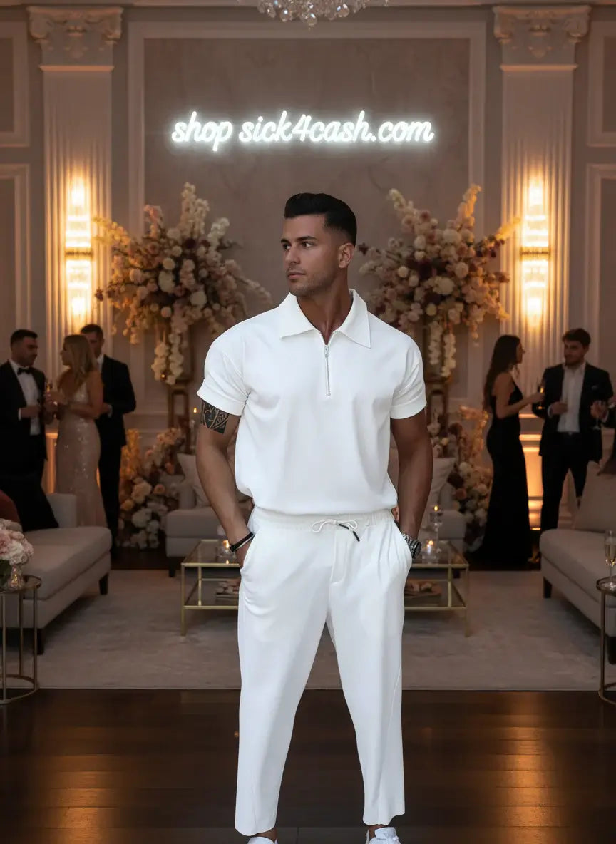 Person wearing a white polo shirt and pants against a gray wall.