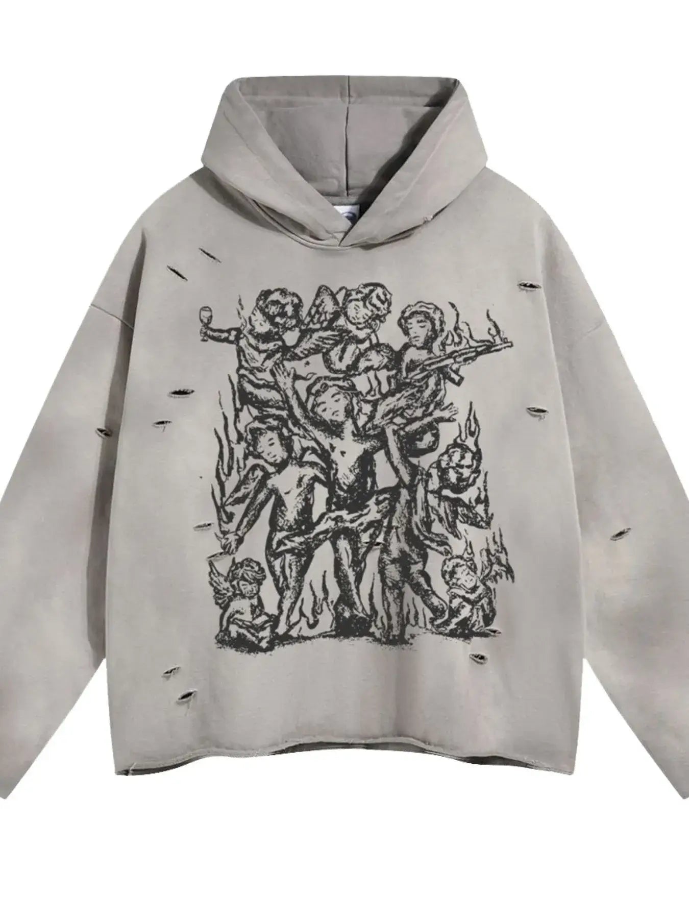 Men's Graphic Long Sleeve Hoodie in Destroy Gray with oversized fit and unique graphic design.