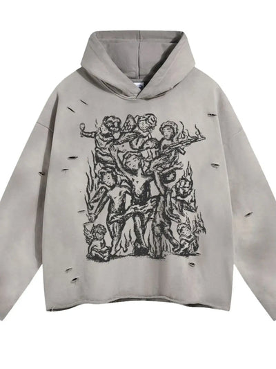Men's Graphic Long Sleeve Hoodie in Destroy Gray with oversized fit and unique graphic design.
