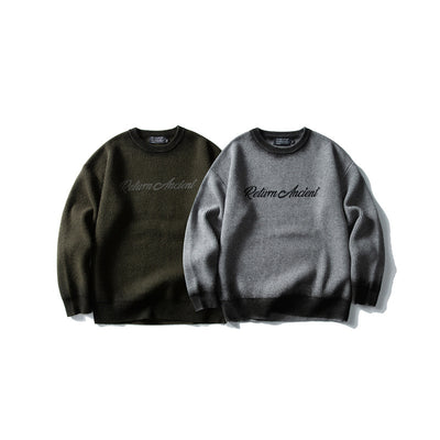 Trend Round Neck Knit Sweater Men Loose Casual Color Block Letter Sweater