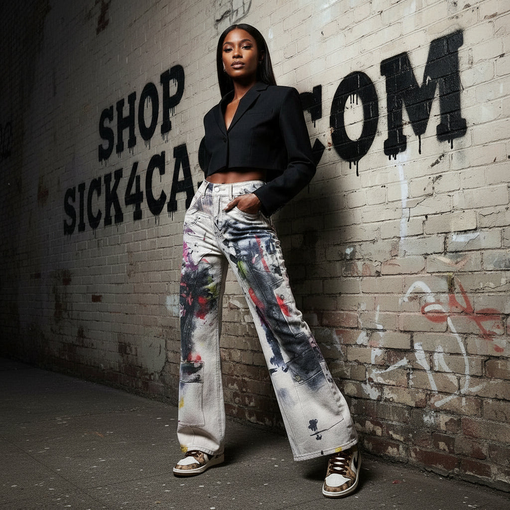 Person wearing a black top and colorful pants against a graffiti-covered wall.