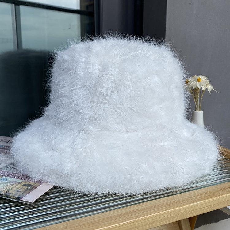 White Fluffy Faux Fur Bucket Hat