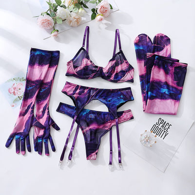 Lingerie Set with Gloves and Stockings - Mesh Printed Design