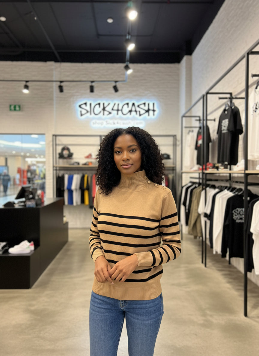 Beige sweater with black horizontal stripes