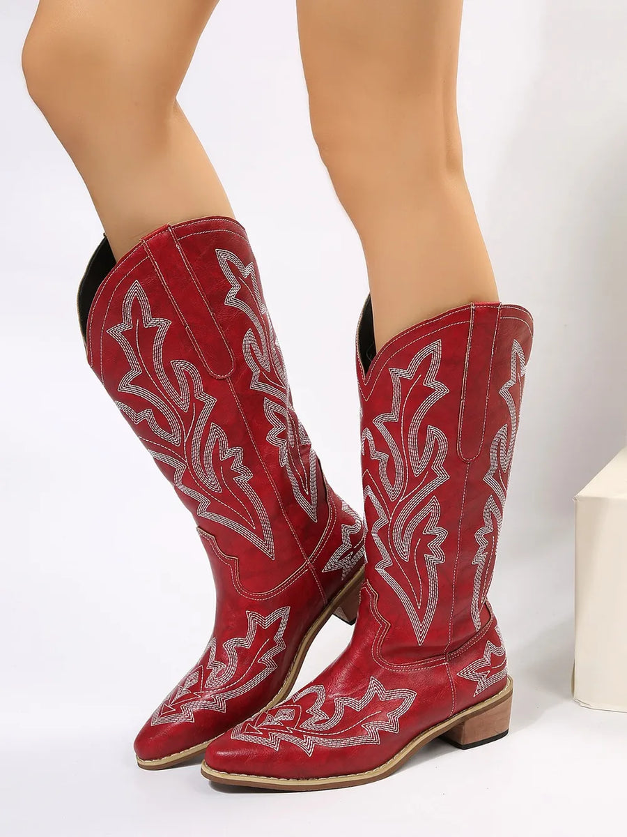 S4C PU Leather Embroidered Geometric Point Toe Boots