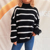Loose striped semi high neck contrasting knit sweater pullover sweater for women