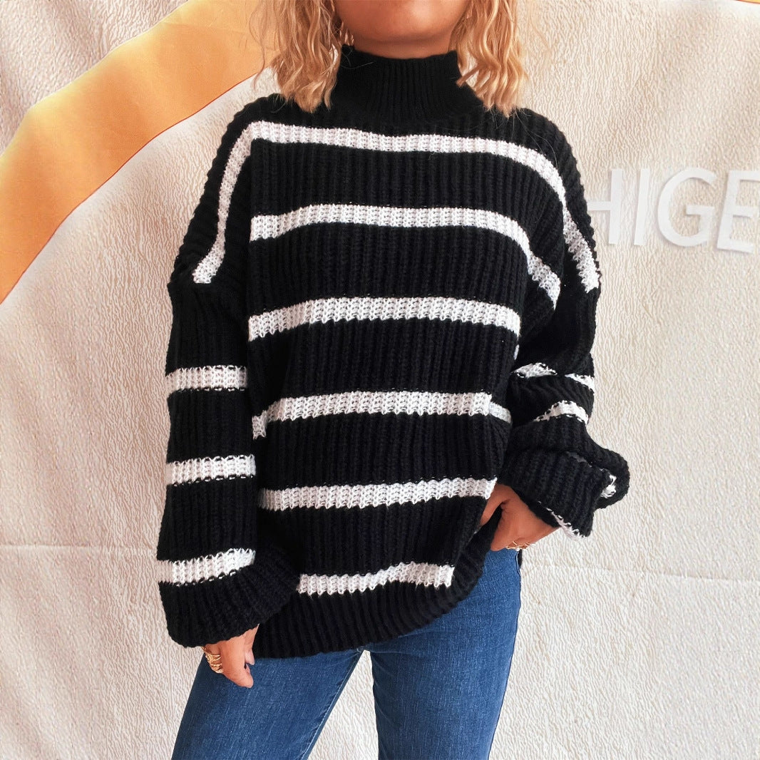 Striped Knit Pullover Sweater – Loose Fit Semi High-Neck Contrast Style for Women