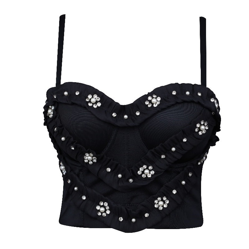 Women Rinestones and Diamond Lace Trim Bra
