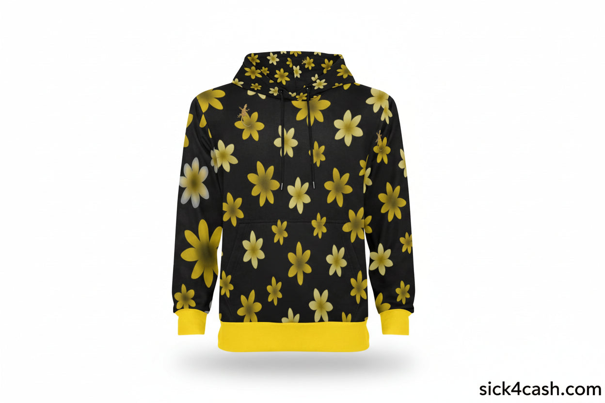 Black hoodie with yellow floral pattern on a white background